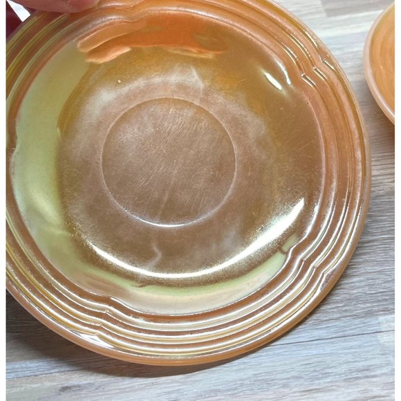 Vintage Fire King Iridescent 3 Bands Peach Lustre Saucers Lot of 4 - Picture 8 of 11